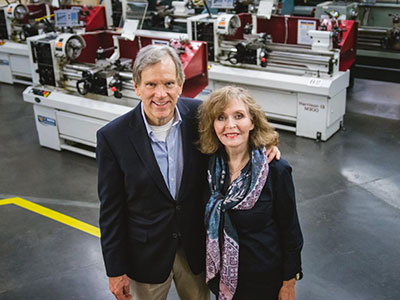 John ’69 and Melinda Baum in the Engineering Student Design Center (ESDC) in Bainer Hall